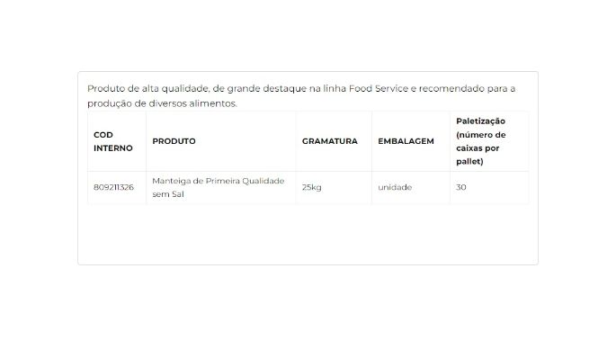 Manteiga de Primeira Qualidade sem Sal 25kg cliente