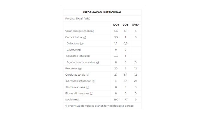 Queijo Minas Padrão Zero Lactose nutri
